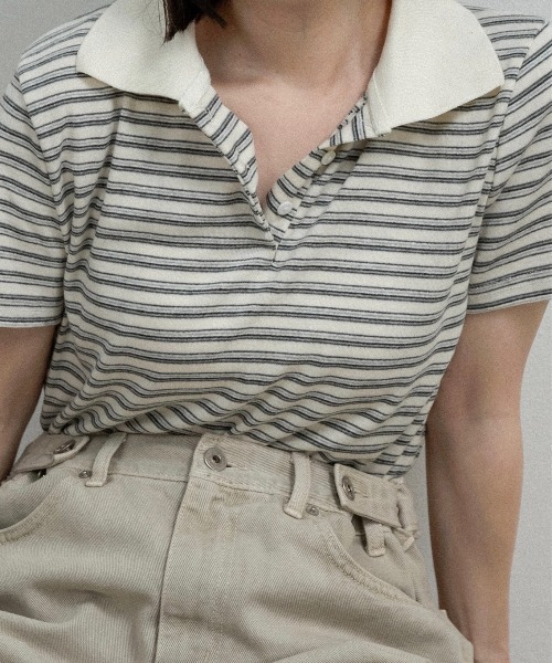 lawgy(ラウジー)の「two tone color half button border / ツートーンカラーハーフボタンボーダー(ポロシャツ・レディース・アイボリー/チャコールグレー/ライトグレー・FREE)」の7枚目の写真