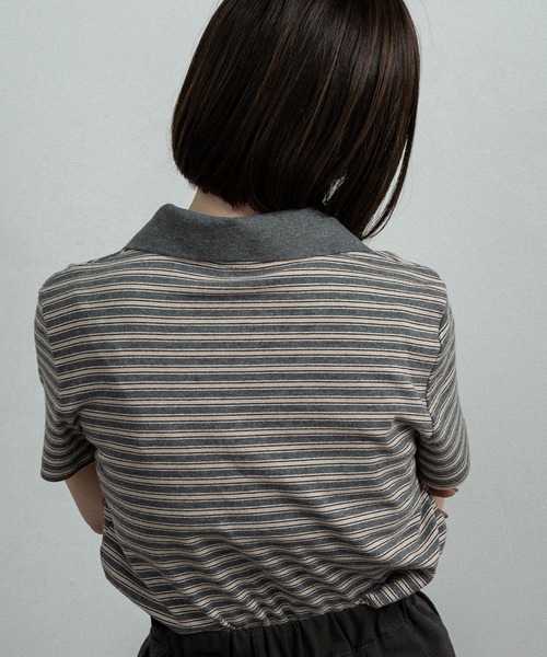 lawgy(ラウジー)の「two tone color half button border / ツートーンカラーハーフボタンボーダー(ポロシャツ・レディース・アイボリー/チャコールグレー/ライトグレー・FREE)」の15枚目の写真