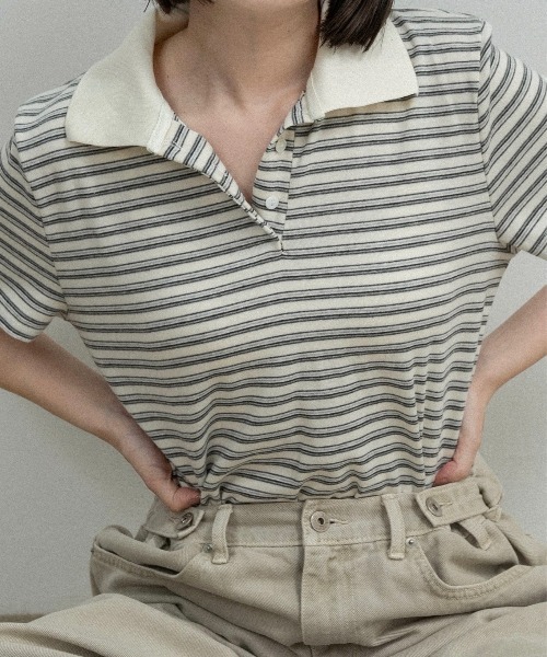 lawgy(ラウジー)の「two tone color half button border / ツートーンカラーハーフボタンボーダー(ポロシャツ・レディース・アイボリー/チャコールグレー/ライトグレー・FREE)」の5枚目の写真