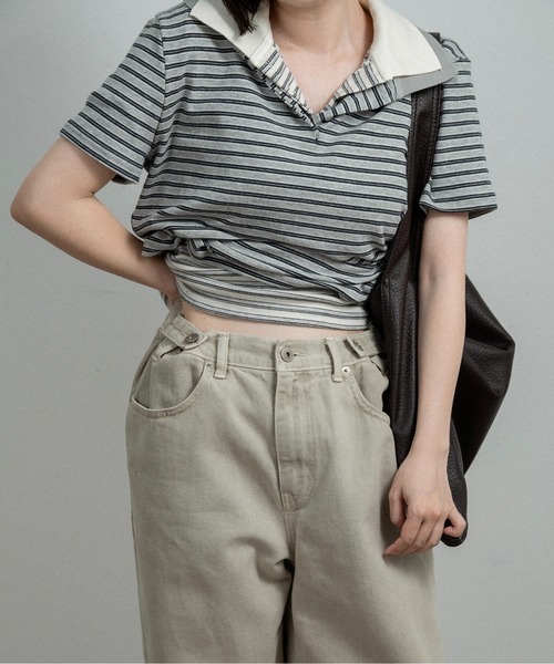 lawgy(ラウジー)の「two tone color half button border / ツートーンカラーハーフボタンボーダー(ポロシャツ・レディース・アイボリー/チャコールグレー/ライトグレー・FREE)」の21枚目の写真