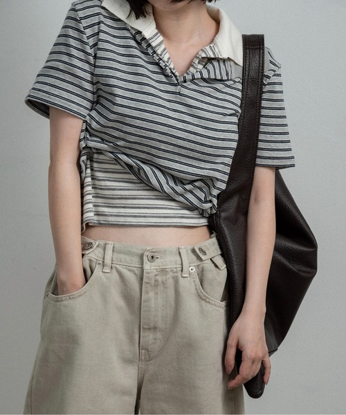 lawgy(ラウジー)の「two tone color half button border / ツートーンカラーハーフボタンボーダー(ポロシャツ・レディース・アイボリー/チャコールグレー/ライトグレー・FREE)」の22枚目の写真