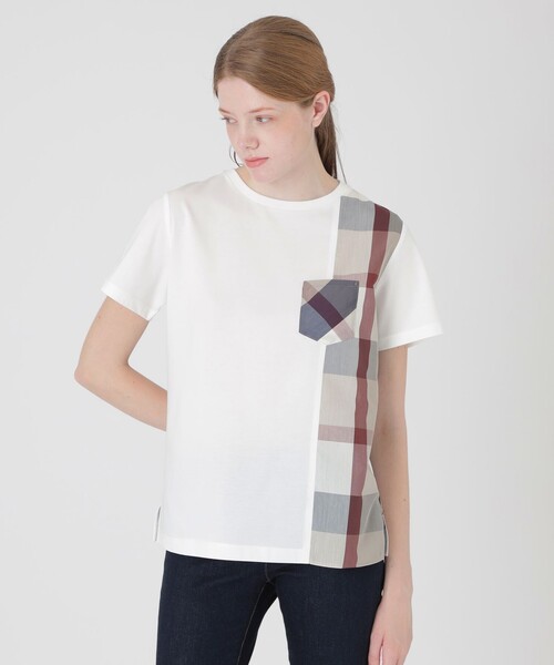BLUE LABEL CRESTBRIDGE(ブルーレーベルクレストブリッジ)の「【一部店舗限定】パーシャルチェックポケットTシャツ(Tシャツ/カットソー・レディース・オフホワイト/ブラック・40/38)」の1枚目の写真