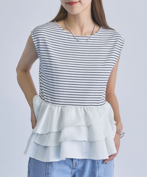 archives(アルシーヴ)の「ボーダーアソートフリルドッキングノースリTOPS(Tシャツ/カットソー・レディース・ブラック/ブラウン/ホワイト×ブラック/ホワイト×グレー・MEDIUM)」の2枚目の写真