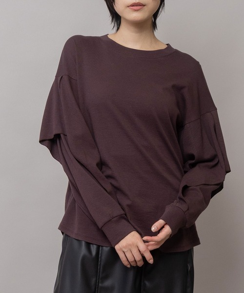 Munich(ミューニック)の「ウールミックスダブルジャージ フリルスリーブプルオーバー(Tシャツ/カットソー・レディース・ブラウン/ブラック・FREE)」の3枚目の写真
