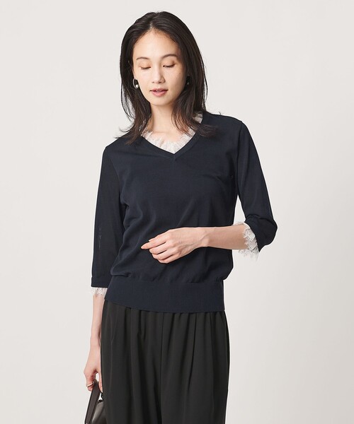 UNITED ARROWS(ユナイテッドアローズ)の「レースコンビ Vネックニット ‐ウォッシャブル‐(ニット/セーター・レディース・ブラック/ダークブラウン/ネイビー・FREE)」の10枚目の写真