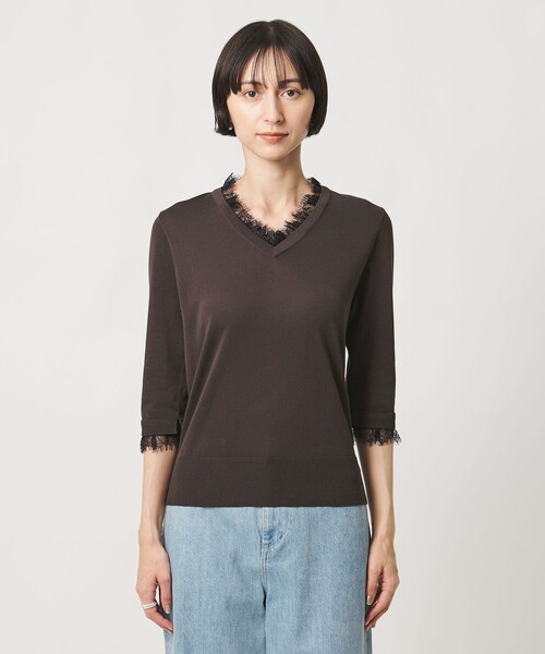 UNITED ARROWS(ユナイテッドアローズ)の「レースコンビ Vネックニット ‐ウォッシャブル‐(ニット/セーター・レディース・ブラック/ダークブラウン/ネイビー・FREE)」の12枚目の写真