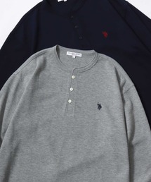 U.S. POLO ASSN./ユーエスポロアッスン ワッフル/サーマル 無地 ロゴ ワンポイント刺繍 ヘンリーネック ロングスリーブTシャツ/ロンT/長袖Tシャツ/レディース メンズ