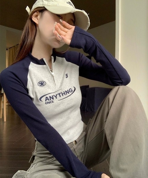 Ritzy(リッツィー)の「ラグランスリーブ ハーフジップ クロップド長袖トップス(Tシャツ/カットソー・レディース・グレー/ピンク・L/M)」の5枚目の写真