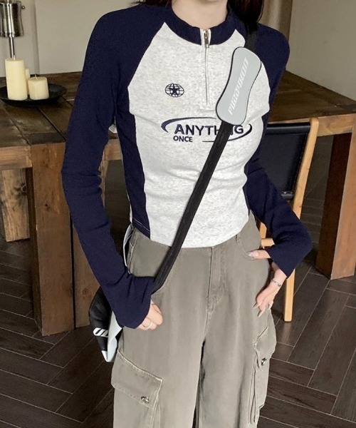 Ritzy(リッツィー)の「ラグランスリーブ ハーフジップ クロップド長袖トップス(Tシャツ/カットソー・レディース・グレー/ピンク・L/M)」の6枚目の写真