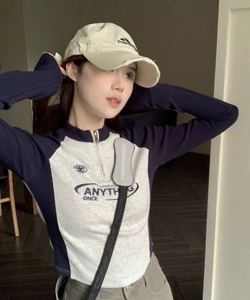 Ritzy(リッツィー)の「ラグランスリーブ ハーフジップ クロップド長袖トップス(Tシャツ/カットソー・レディース・グレー/ピンク・L/M)」の9枚目の写真