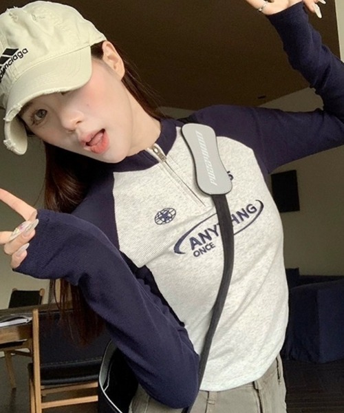 Ritzy(リッツィー)の「ラグランスリーブ ハーフジップ クロップド長袖トップス(Tシャツ/カットソー・レディース・グレー/ピンク・L/M)」の10枚目の写真