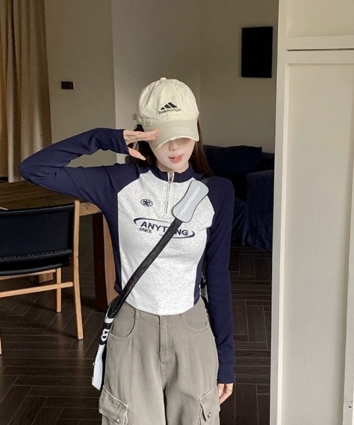 Ritzy(リッツィー)の「ラグランスリーブ ハーフジップ クロップド長袖トップス(Tシャツ/カットソー・レディース・グレー/ピンク・L/M)」の12枚目の写真