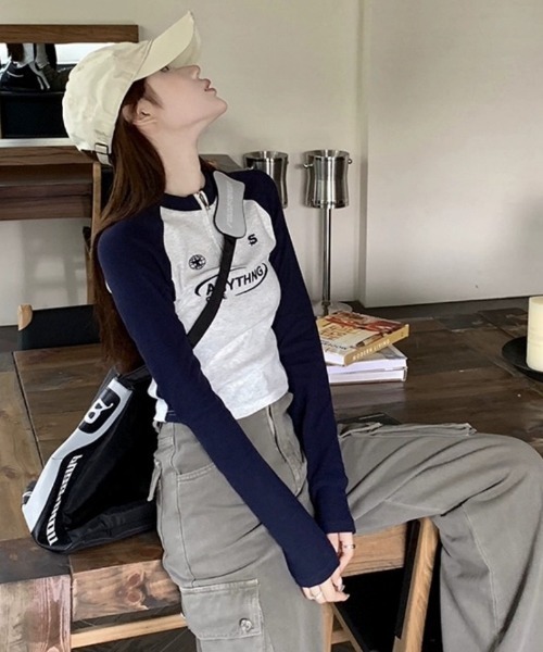 Ritzy(リッツィー)の「ラグランスリーブ ハーフジップ クロップド長袖トップス(Tシャツ/カットソー・レディース・グレー/ピンク・L/M)」の13枚目の写真