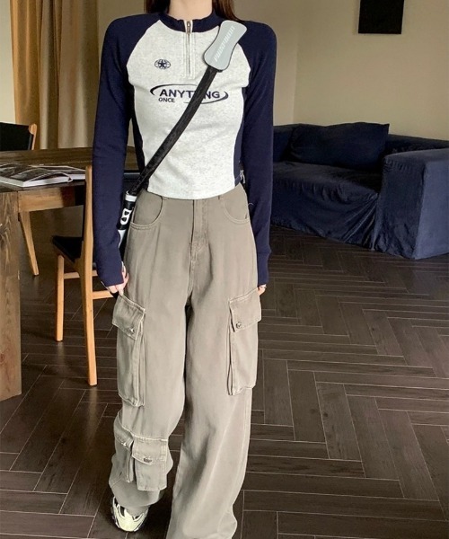 Ritzy(リッツィー)の「ラグランスリーブ ハーフジップ クロップド長袖トップス(Tシャツ/カットソー・レディース・グレー/ピンク・L/M)」の14枚目の写真