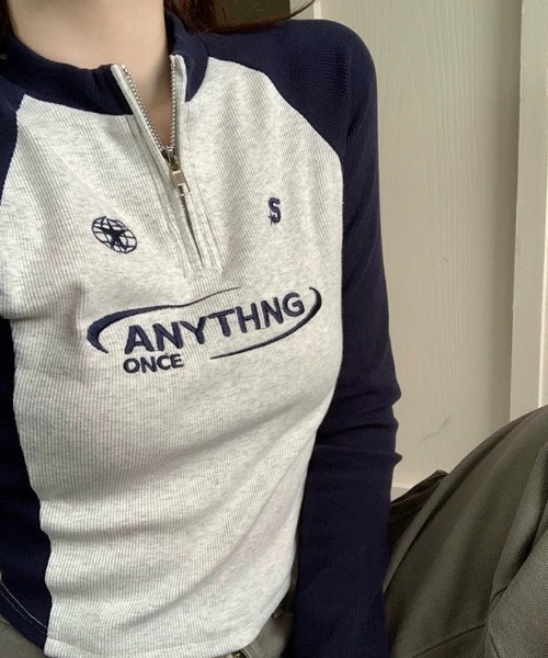 Ritzy(リッツィー)の「ラグランスリーブ ハーフジップ クロップド長袖トップス(Tシャツ/カットソー・レディース・グレー/ピンク・L/M)」の15枚目の写真