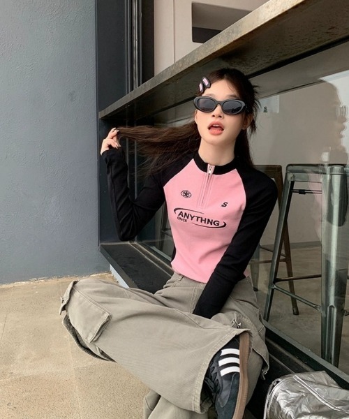 Ritzy(リッツィー)の「ラグランスリーブ ハーフジップ クロップド長袖トップス(Tシャツ/カットソー・レディース・グレー/ピンク・L/M)」の22枚目の写真