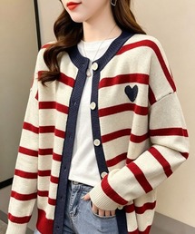 配色ボーダーハート刺繍長袖ニットカーディガン