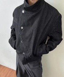 変形オフセットボタン スタンドカラーデニムジャケット