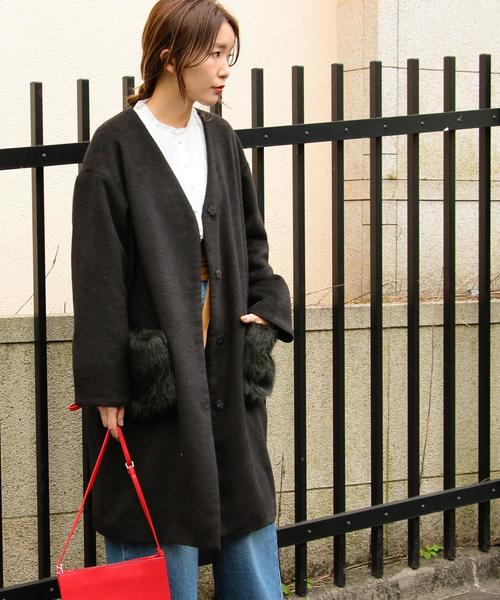 Another Edition（アナザーエディション）の「【WEB店舗限定】シャギーノーカラーコート/ aeBFC SHAGGY NO/COL CT◆（チェスターコート・レディース・オフホワイト/ブラック/ベージュ・SMALL/MEDIUM）」の2枚目の写真