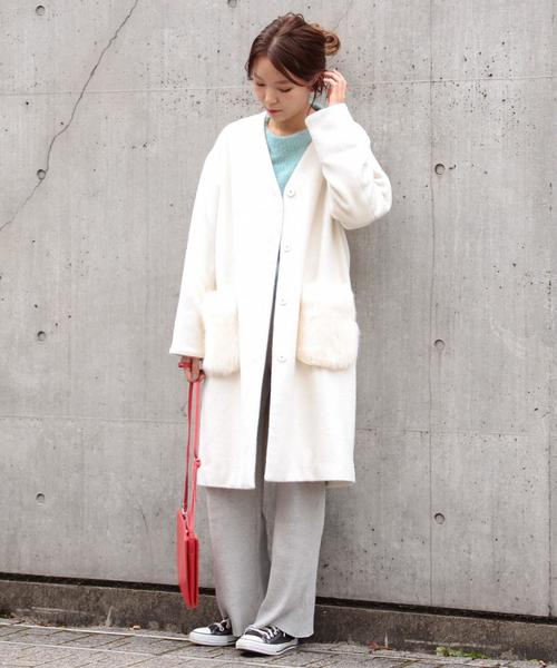 Another Edition（アナザーエディション）の「【WEB店舗限定】シャギーノーカラーコート/ aeBFC SHAGGY NO/COL CT◆（チェスターコート・レディース・オフホワイト/ブラック/ベージュ・SMALL/MEDIUM）」の10枚目の写真