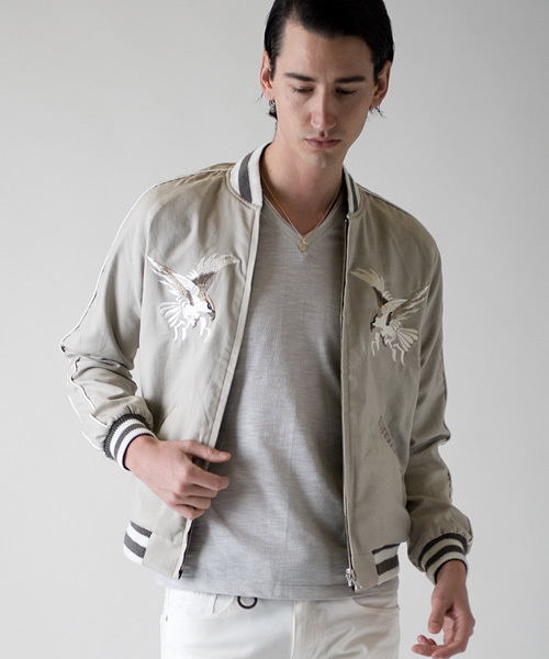 Buffalo Bobs(バッファローボブズ)の「GENTS SUKAJAN NATURE(ジェンツスカジャン ナチュレ)リバーシブルスカジャン(ブルゾン・メンズ・ベージュ/サックスブルー・1/S/3/L/2/M/XL)」の2枚目の写真