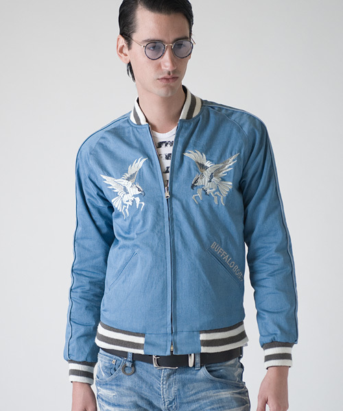 Buffalo Bobs(バッファローボブズ)の「GENTS SUKAJAN NATURE(ジェンツスカジャン ナチュレ)リバーシブルスカジャン(ブルゾン・メンズ・ベージュ/サックスブルー・1/S/3/L/2/M/XL)」の13枚目の写真