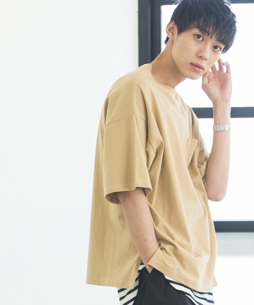 WEGO（ウィゴー）の「WEGO/サイドスリットビッグシルエットTシャツ（Tシャツ/カットソー・メンズ・ネイビー/オレンジ/ライトピンク/ライトパープル/ベージュ/ホワイト/ブラック・MEDIUM/SMALL/LARGE）」の4枚目の写真