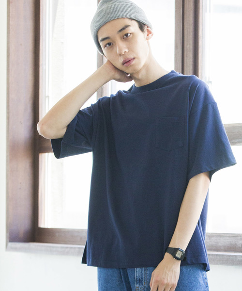 WEGO（ウィゴー）の「WEGO/サイドスリットビッグシルエットTシャツ（Tシャツ/カットソー・メンズ・ネイビー/オレンジ/ライトピンク/ライトパープル/ベージュ/ホワイト/ブラック・MEDIUM/SMALL/LARGE）」の5枚目の写真