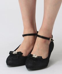 レース使いローヒールパンプス　リボンクリップ付き