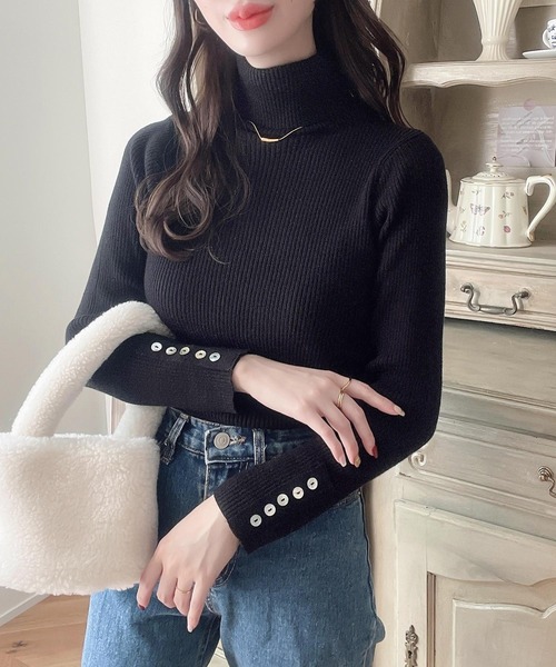 classicalelf(クラシカルエルフ)の「ふんわり触感。綿100%袖シェルボタン付きタートルネックリブニット(ニット/セーター・レディース・ブラック/アイボリー/杢グレー/チャコール/モカ/ベージュ/ブラウン系その他/ライトグリーン/ライトグレー/ネイビー・MEDIUM/LARGE/X-LARGE/XX-LARGE)」の20枚目の写真