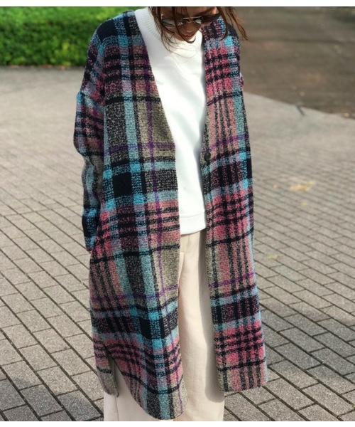 minius(ミニウス)の「チェックコート(ステンカラーコート・レディース・グリーン/ピンク・MEDIUM)」の2枚目の写真