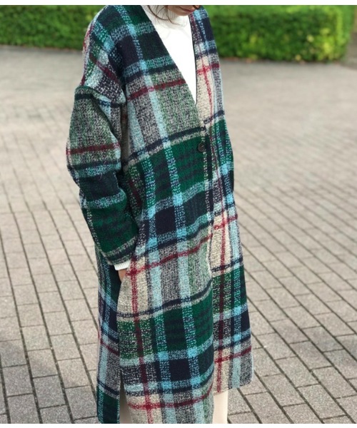 minius(ミニウス)の「チェックコート(ステンカラーコート・レディース・グリーン/ピンク・MEDIUM)」の1枚目の写真