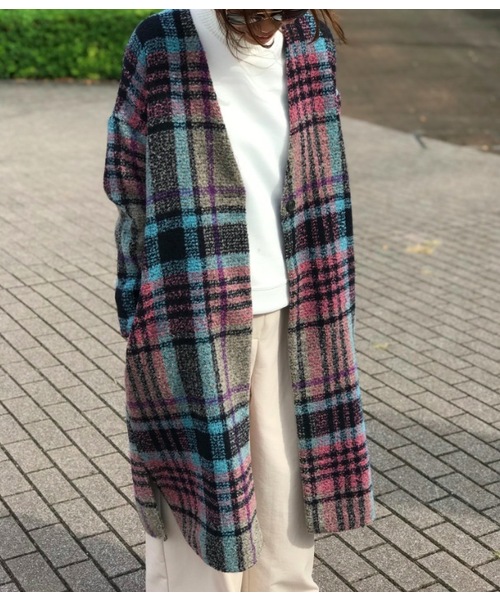 minius(ミニウス)の「チェックコート(ステンカラーコート・レディース・グリーン/ピンク・MEDIUM)」の6枚目の写真