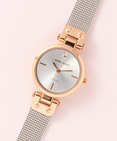 ANNE KLEIN(アンクライン)の「ANNE KLEIN ダイヤモンドアクセントウォッチ メッシュバンド(アナログ腕時計)」|ピンクゴールド
