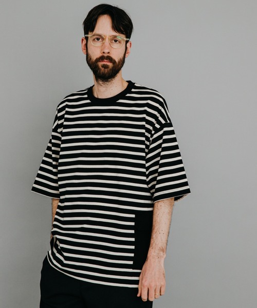 MR.OLIVE(ミスターオリーブ)の「ライトシルケット ボーダー/ビッグシルエット サイドポケット ハーフスリーブ Tシャツ(Tシャツ/カットソー・メンズ・ブルー系その他/ブラック×ホワイト/ホワイト×ネイビー・MEDIUM/SMALL/LARGE)」の3枚目の写真
