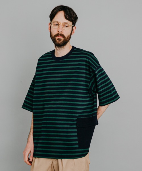 MR.OLIVE(ミスターオリーブ)の「ライトシルケット ボーダー/ビッグシルエット サイドポケット ハーフスリーブ Tシャツ(Tシャツ/カットソー・メンズ・ブルー系その他/ブラック×ホワイト/ホワイト×ネイビー・MEDIUM/SMALL/LARGE)」の1枚目の写真