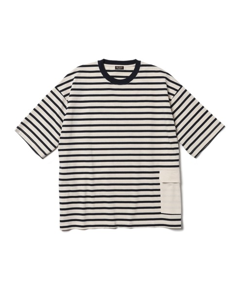 MR.OLIVE(ミスターオリーブ)の「ライトシルケット ボーダー/ビッグシルエット サイドポケット ハーフスリーブ Tシャツ(Tシャツ/カットソー・メンズ・ブルー系その他/ブラック×ホワイト/ホワイト×ネイビー・MEDIUM/SMALL/LARGE)」の4枚目の写真