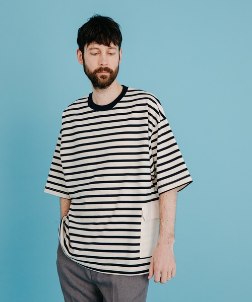 MR.OLIVE(ミスターオリーブ)の「ライトシルケット ボーダー/ビッグシルエット サイドポケット ハーフスリーブ Tシャツ(Tシャツ/カットソー・メンズ・ブルー系その他/ブラック×ホワイト/ホワイト×ネイビー・MEDIUM/SMALL/LARGE)」の5枚目の写真