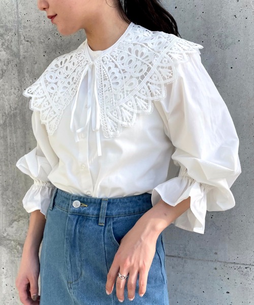 moment+（モーメントプラス）の「刺繍レース付け襟スタンドカラーブラウス（シャツ/ブラウス・レディース・ブラック/ホワイト系その他/オフホワイト/ブラック系その他・L/M）」の8枚目の写真