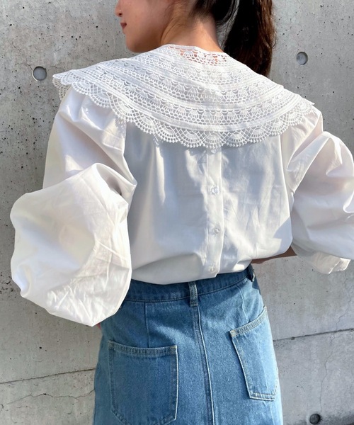 moment+（モーメントプラス）の「刺繍レース付け襟スタンドカラーブラウス（シャツ/ブラウス・レディース・ブラック/ホワイト系その他/オフホワイト/ブラック系その他・L/M）」の15枚目の写真