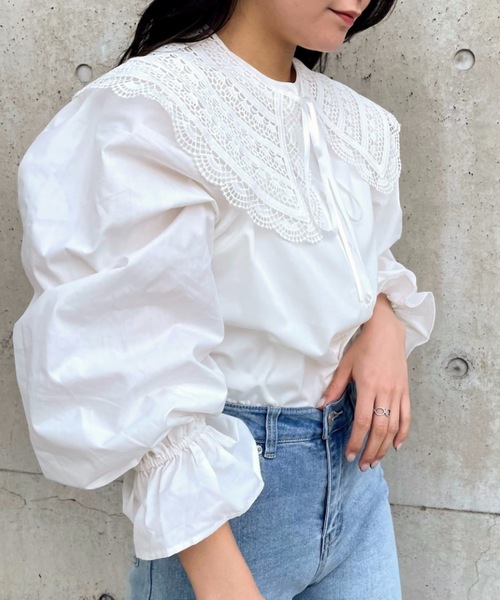 moment+（モーメントプラス）の「刺繍レース付け襟スタンドカラーブラウス（シャツ/ブラウス・レディース・ブラック/ホワイト系その他/オフホワイト/ブラック系その他・L/M）」の11枚目の写真