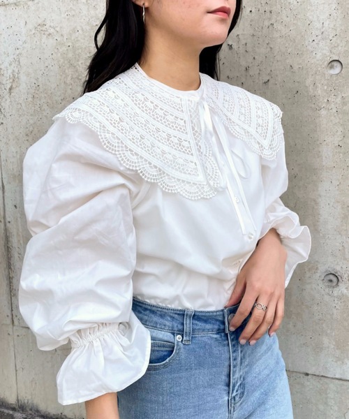 moment+（モーメントプラス）の「刺繍レース付け襟スタンドカラーブラウス（シャツ/ブラウス・レディース・ブラック/ホワイト系その他/オフホワイト/ブラック系その他・L/M）」の12枚目の写真