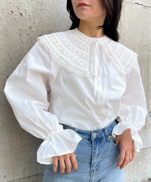 moment+（モーメントプラス）の「刺繍レース付け襟スタンドカラーブラウス（シャツ/ブラウス・レディース・ブラック/ホワイト系その他/オフホワイト/ブラック系その他・L/M）」の13枚目の写真