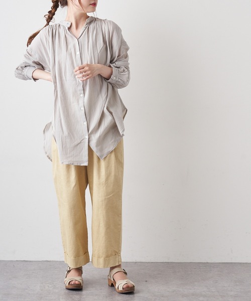 PUAL CE CIN（ピュアルセシン）の「強撚コットンノーカラーブラウス（シャツ/ブラウス・レディース・ブラック/ベージュ/オフホワイト/ピンク/ブルー・FREE）」の15枚目の写真