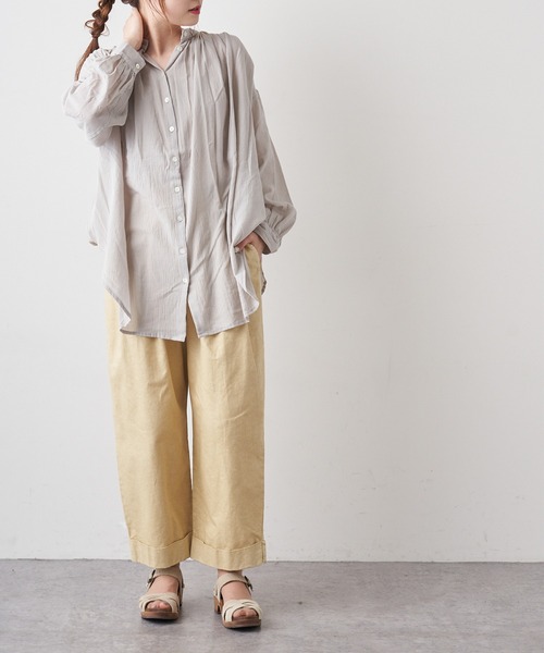 PUAL CE CIN（ピュアルセシン）の「強撚コットンノーカラーブラウス（シャツ/ブラウス・レディース・ブラック/ベージュ/オフホワイト/ピンク/ブルー・FREE）」の16枚目の写真