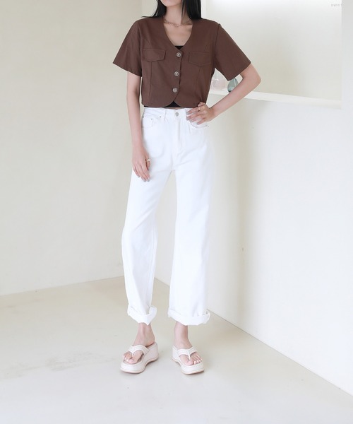by muni:r(バイ ムニール)の「ツーポケット 半袖 クロップ ジャケット(Tシャツ/カットソー・レディース・アイボリー/ブラウン/ミント・FREE)」の14枚目の写真