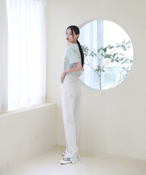 by muni:r(バイ ムニール)の「ツーポケット 半袖 クロップ ジャケット(Tシャツ/カットソー・レディース・アイボリー/ブラウン/ミント・FREE)」の22枚目の写真