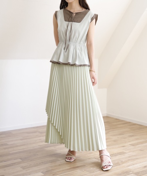 UNFIELD（アンフィールド）の「【UNFIELD】配色サッカー切替ペプラムブラウス（シャツ/ブラウス・レディース・ネイビー/ミント・FREE）」の8枚目の写真