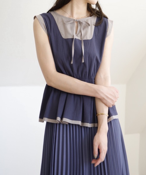 UNFIELD（アンフィールド）の「【UNFIELD】配色サッカー切替ペプラムブラウス（シャツ/ブラウス・レディース・ネイビー/ミント・FREE）」の12枚目の写真