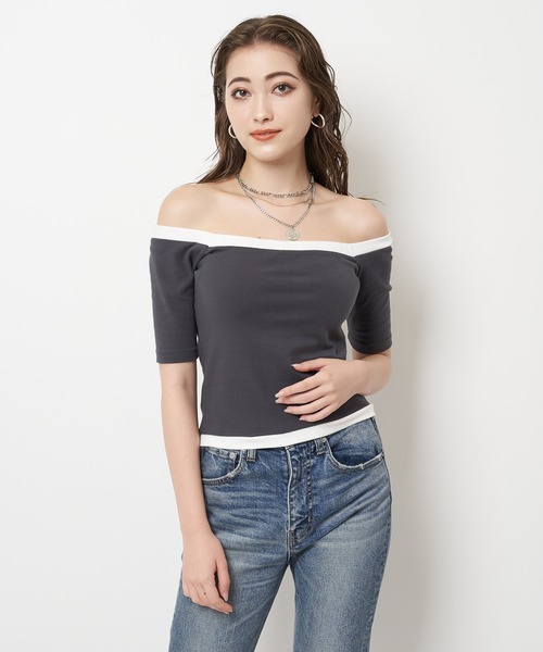 SPIRALGIRL(スパイラルガール)の「バイカラーハーフスリーブトップス(Tシャツ/カットソー・レディース・グレー/グリーン・FREE)」の7枚目の写真